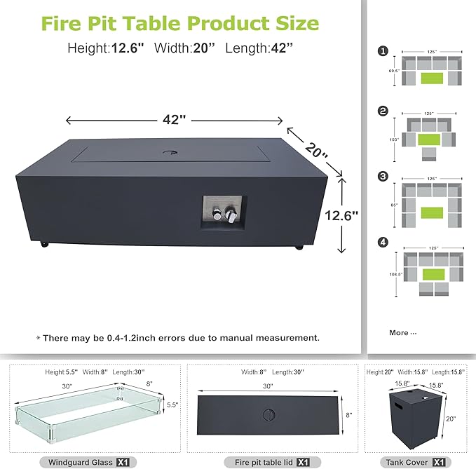 Dineli 2-Piece Outdoor Propane Fire Pit Table Set w Tank Table 42'' Rectangular Gas Fire Pits for Outside Patio 2-in-1 Table Fire Pit Tabletop w LED, 50,000 BTU (Black with RGB Light)