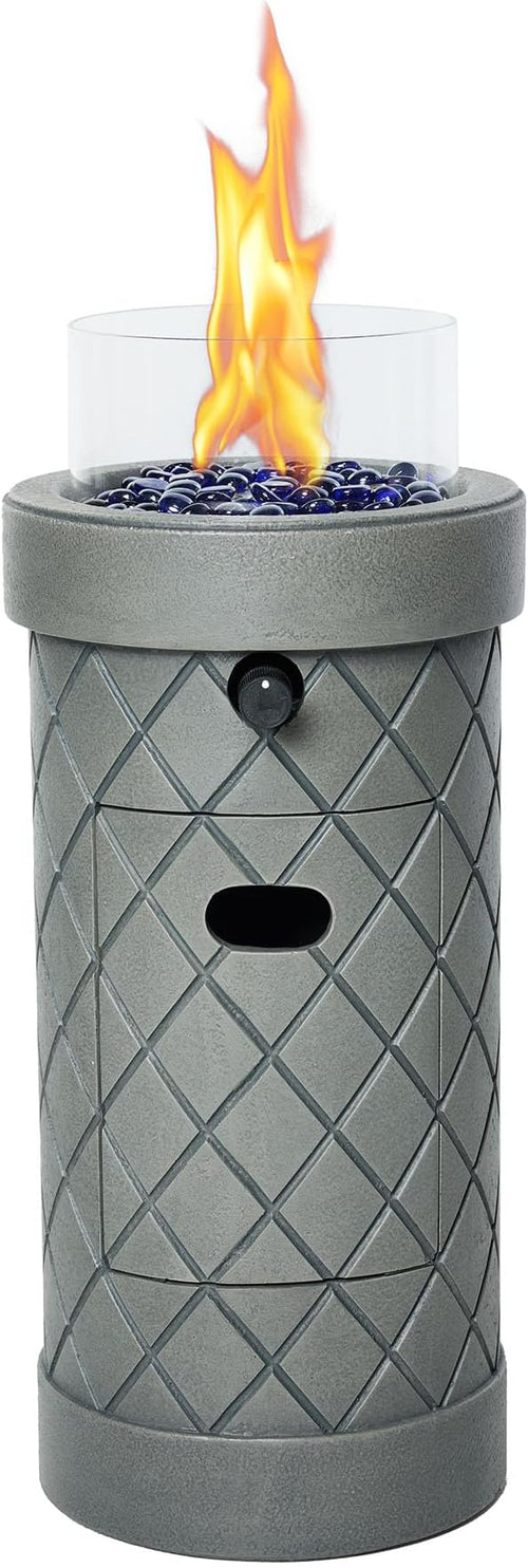 1Lb Column Propane Fire Pit, 10,000 BTU Gas Fire Pit, Outdoor Firepit for Patio w/Wind Glass Shield, Glass Rocks