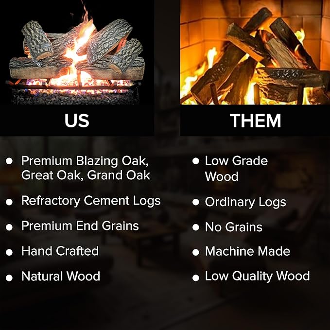 30" Premium Gas Logs - Match Light Kit Included - for Natural Gas Vented Fireplaces - Blazing Oak Design (Logs + Match Light Kit)