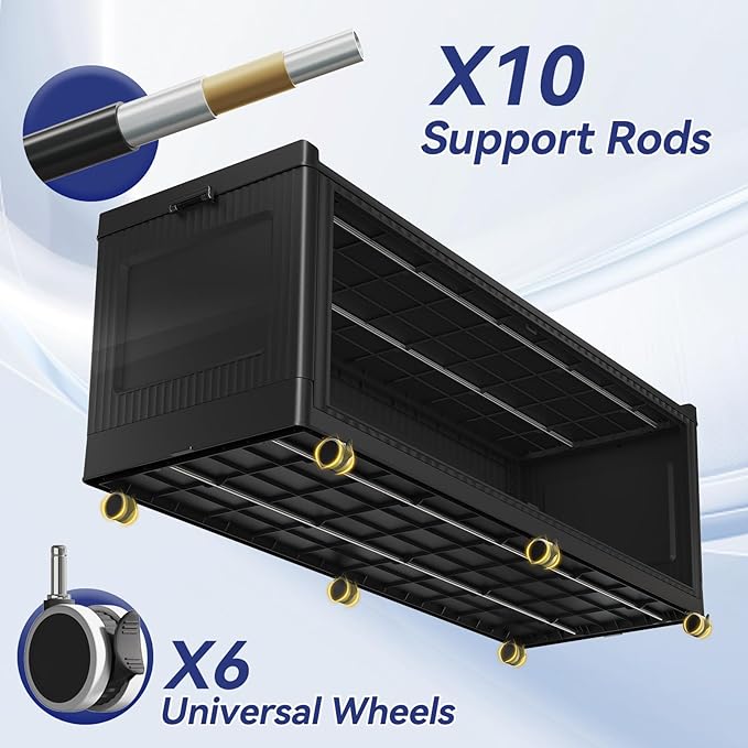 150 Gallon Extra Large Collapsible Storage Bin with Lid, 960QT Stackable Plastic Organizer with 6x Wheels, Foldable Drawer Cabinet for Closet, Living Room Office, Kitchen 3Pack, Black