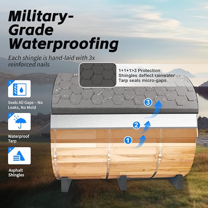 ZONEMEL Outdoor Barrel Steam Sauna, Canadian Hemlock Sauna Room for 10-12 Person with 9KW ETL TOULE Heater, Volcanic Stones, Asphalt Shingles, Canopy Porch, 8mm Tempered Glass, 220V