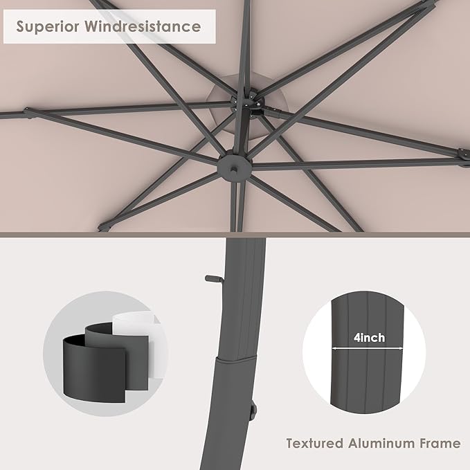 ENSTVER 12FT Cantilever Patio Umbrella With Base Included, Round Large Aluminum Outdoor Cantilever, Heavy Duty Offset Umbrella with 360°Rotation for Pool, Deck, Backyard, Garden(Champagne)