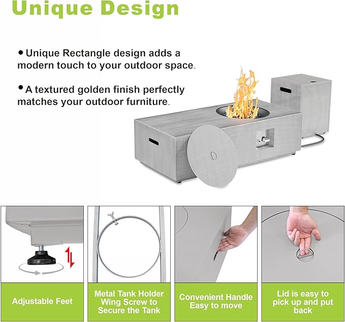 Dineli 2-Piece Outdoor Propane Fire Pit Table Set w Tank Table 48'' Rectangular Firepit Gas Fire Pits for Outside Patio Table Fire Pit w LED, 50,000 BTU (Light Gray with Warmlight)