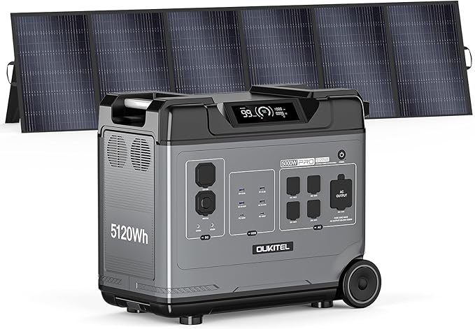 Oukitel BP5000 Pro MAX (5120Wh/5000W) Solar Generator with 500W Solar Panel, 120V/240V Split Phase Output, 9000W Peak Power Station for Home Emergency Backup, Off-Grid, Camping & RV