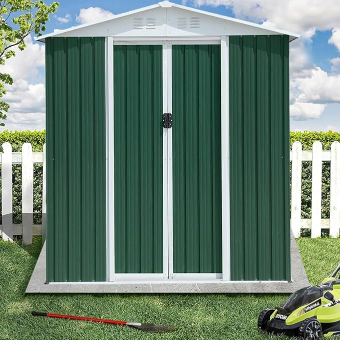 6' x 4' Metal Outdoor Storage Shed, Garden Tool House with 2 Vents and 2 Easy Sliding Doors for Backyard, Patio, Garage, Lawn Metal Storage Shed （Green）