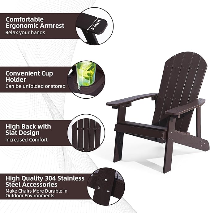 Adirondack Chairs Set of 2, All Weather Resistant Plastic Chairs with Cup Holder, 5 Easy Steps to Install, Outdoor Chairs for Patio, Garden, Backyard Deck, Lawn, Fire Pit - Brown