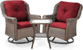 3 Piece Patio Swivel Chairs and Side Table Set - High Back Outdoor Brown Wicker Rattan Rocking Glider with Thick Cushions for Porch Apartment Deck Yard Poolside Garden - Red
