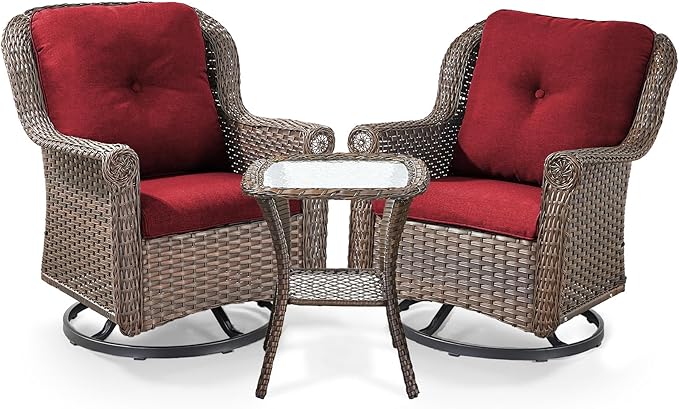 3 Piece Patio Swivel Chairs and Side Table Set - High Back Outdoor Brown Wicker Rattan Rocking Glider with Thick Cushions for Porch Apartment Deck Yard Poolside Garden - Red
