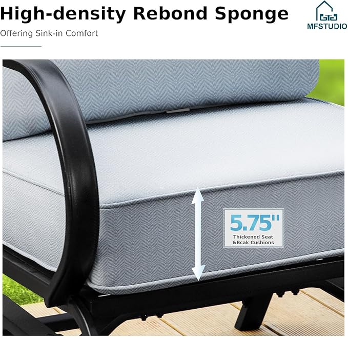 MFSTUDIO 5 Pieces Patio Conversation Sets, Outdoor Metal Furniture Sofas with 1 x 3-Seat Sofa, 2 x Rocking Chairs, 2 x Ottoman, Durable Steel Frame with Grey Cushion for Patio Balcony