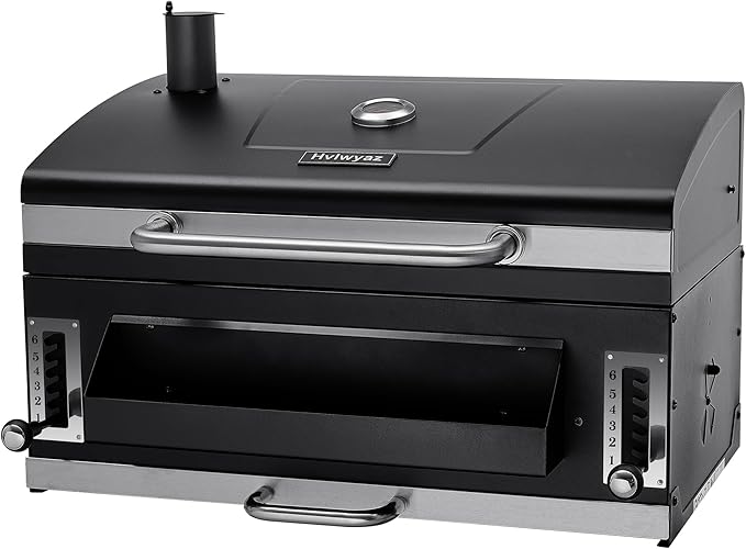 29 In Built-in Barbecue Grill, Charcoal bbq Grills with Liftable Tray, Insulated Hood & Temperature Gauge, Stainless Steel BBQ Barrel for Outdoor Kitchen, Camping, and Park – Black