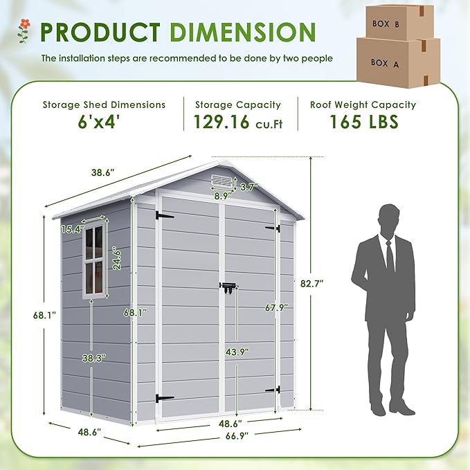 JUMMICO Outdoor Storage Shed, 6 x 4 FT Resin Shed with Floor and Lockable Door, Plastic Garden Tool Outside Sheds for Patio Backyard Lawn