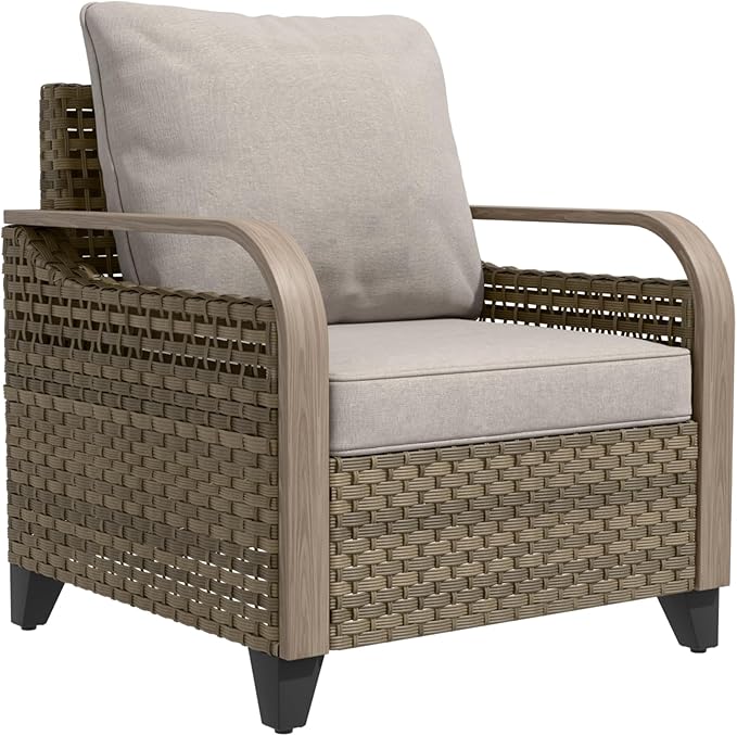 EAGLE PEAK Modern Wicker Outdoor Chair, Patio Chair Curved Armrest, Rattan Patio Furniture for Yard Deck Porch Garden, 1 Chair, Brown/Gray