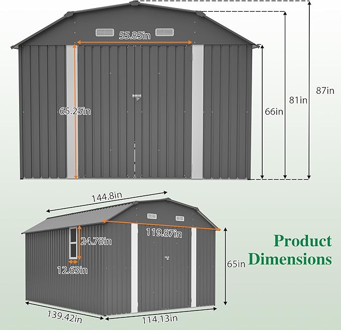 Outdoor Storage Shed, 10 X 12 FT Large Metal Utility Tool Sheds with Floor Frame & Windows, Steel Garden Shed with Updated Frame Structure for Backyard Patio Lawn, Grey