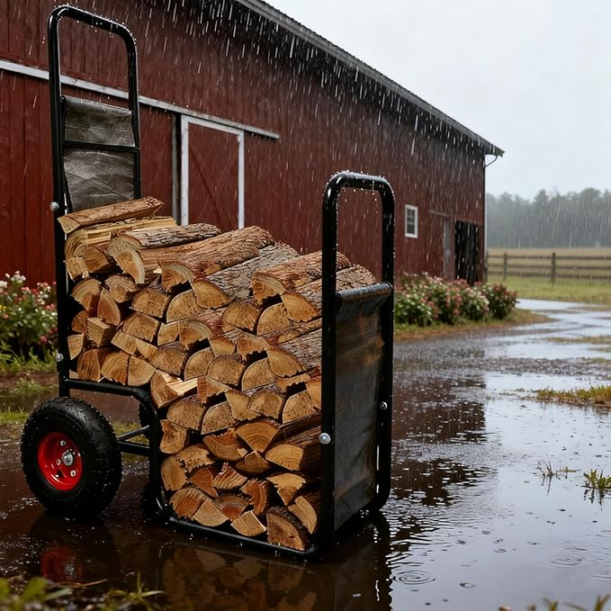 Firewood Cart: 44 X 27 X 20 in Heavy Duty 220 lbs Load Pneumatic Tires for Garden Backyard Fireplace Men Women Use