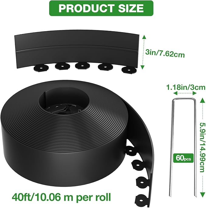 3in Tall,40ft Landscape Edging Kit with 60pcs Metal Spikes, Reinforced Rib Design,No-Dig Flexible Plastic Edge Border for Landscape, Lawn,Garden,Flower Beds,Yard,Paver,Playground, Fence,Pathway,Black