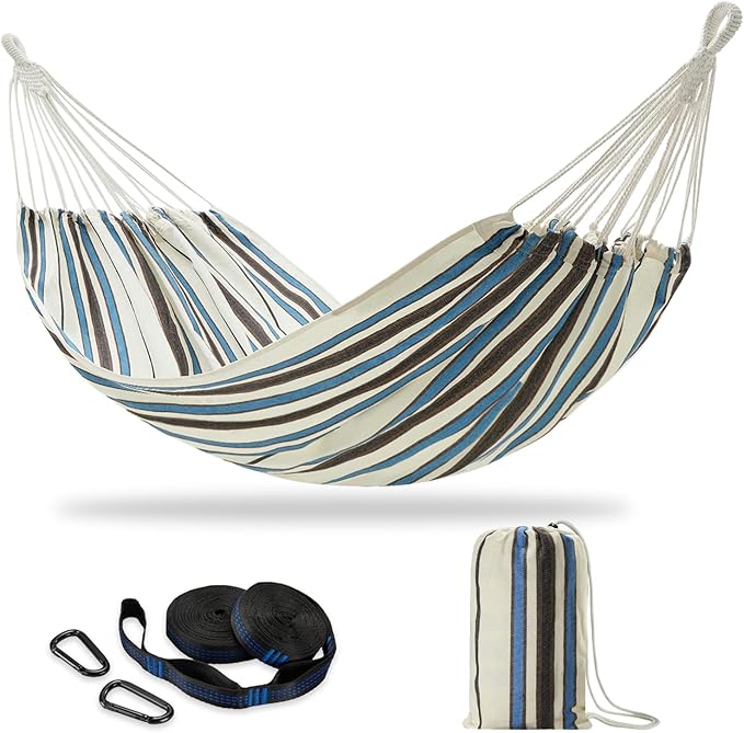CHULIM Brazilian Double Hammock with Tree Straps,Extra Large 94x63IN,2 Persons Hammock for Backyard Patio Outdoor and Indoor,450lbs Weight Capacity,Soft Woven Cotton Fabric - Blue Stripe