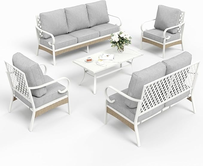 SUNSHINE VALLEY 6 Piece Metal Outdoor Patio Furniture Set, Patio Conversation Set with 1 3-Seater Couch, 2 Fixed Sofa with 5.75" Thick Cushion and Coffee Table, White and Gray Backyard Furniture