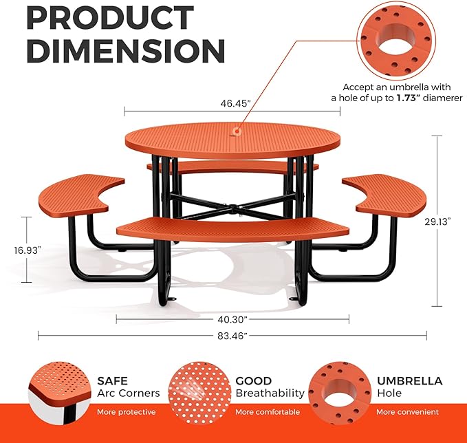 Rueekfil 46" Coated Picnic Table with Umbrella Hole, Heavy Duty Commercial Picnic Table for Outdoors, Family & Party Ready for School Camping, Round, Orange