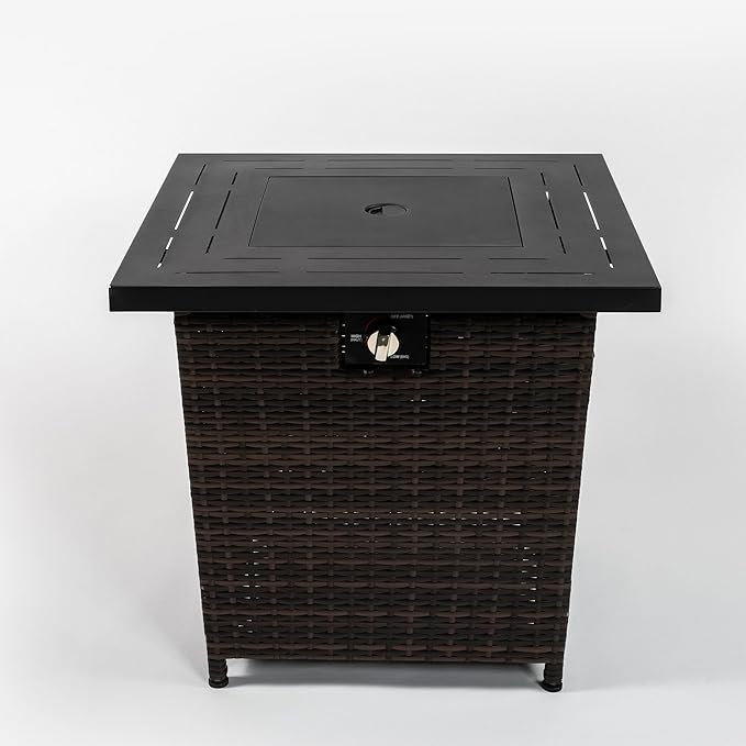 28" Propane Gas Fire Pit Table, 50000 BTU Square Steel Fire Pit with Beautiful Wicker Base for Outside Patio Deck Garden Backyard-Black