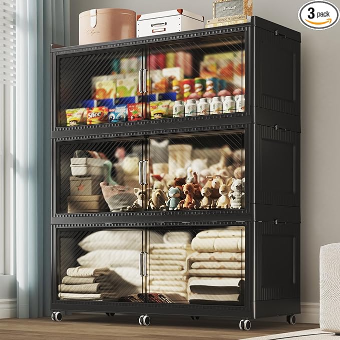 150 Gallon Extra Large Collapsible Storage Bin with Lid, 960QT Stackable Plastic Organizer with 6x Wheels, Foldable Drawer Cabinet for Closet, Living Room Office, Kitchen 3Pack, Black