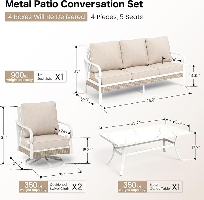 SUNSHINE VALLEY 4 PCS Metal Outdoor Patio Furniture Set, Patio Conversation Sets 1 3-seater Sofa, 2 Swivel Chairs with 5.75" Extra Thick Cushion and Coffee Table, White Frame Backyard Furniture, Beige