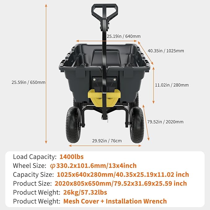 GarveeLife 1400lbs 7Cu.Ft. Garden Dump Cart Tow Behind with 2-in-1 Convertible Handle and 13in All Terrain Wheels, Heavy Duty Poly Pull Behind Yard Dump Wagon ATV Trailer for Lawn Mower Tractor
