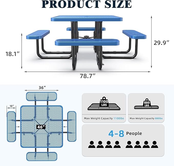 dafrigic 46" Square All Weather Resistant Commercial Picnic Table for Outdoors, Heavy Duty Picnic Table up to 4600 lbs with Umbrella Hole for School, Warehouse, Coffee Shop, Blue