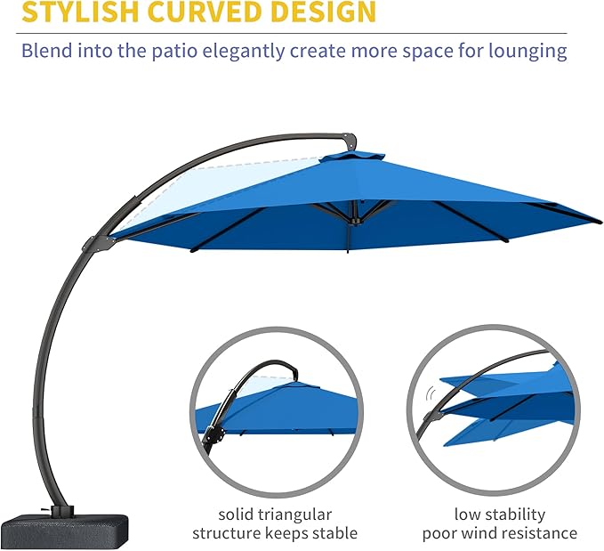 Kingdura 11ft Cantilever Patio Umbrella with Base Included, Large Round Offset Outdoor Pool Umbrella, 360° Rotation & Infinite Tilt, Heavy Duty Aluminum Frame for Deck Backyard, Royal blue