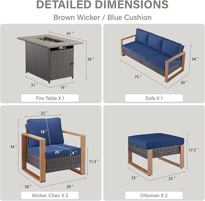 Belord 6 Piece Outdoor Patio Furniture Set with Propane Fire Pit Table, Wicker Patio Conversation Set with2 Patio Wicker Chairs Rattan Sofa and Removable 4" Thick Cushions for Deck Backyard