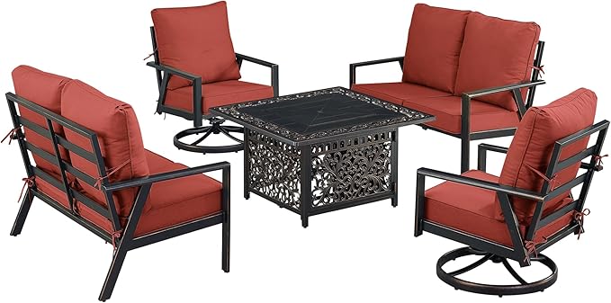 Oakland Living Black Aluminum Patio Fire Table Set with Two Deep Seating Loveseat with Cushions and Two Club Chairs with Red Cushions