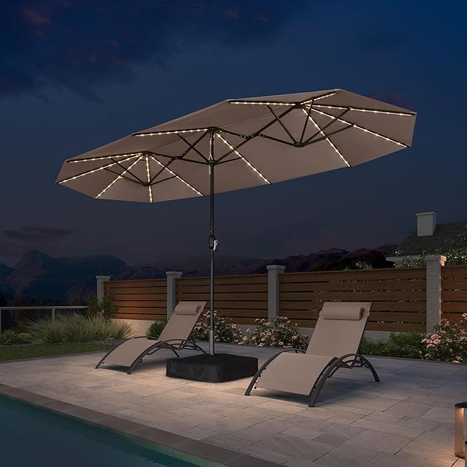 PURPLE LEAF 13ft Patio Market Umbrella with Solar LED and Base Double-Sided Rectangle Outdoor Table Sun Umbrellas with Crank for Pool Beach Deck Backyard Taupe
