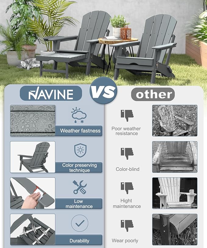 Adjustable Adirondack Chair with Retractable Ottoman Set of 4, HDPE Folding Adirondack Chair with Cup Holder, All Weather Fire Pit Chair for Outdoor.