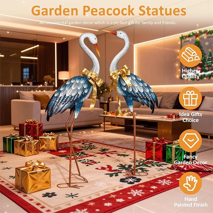 Kircust Outdoor Blue Heron Statues Metal Garden Crane Sculptures, Bird Yard Art Large 47-48 Inch, Set of 2, for Pond & Lawn Garden Decor, Gifts for Women, Men, Friends