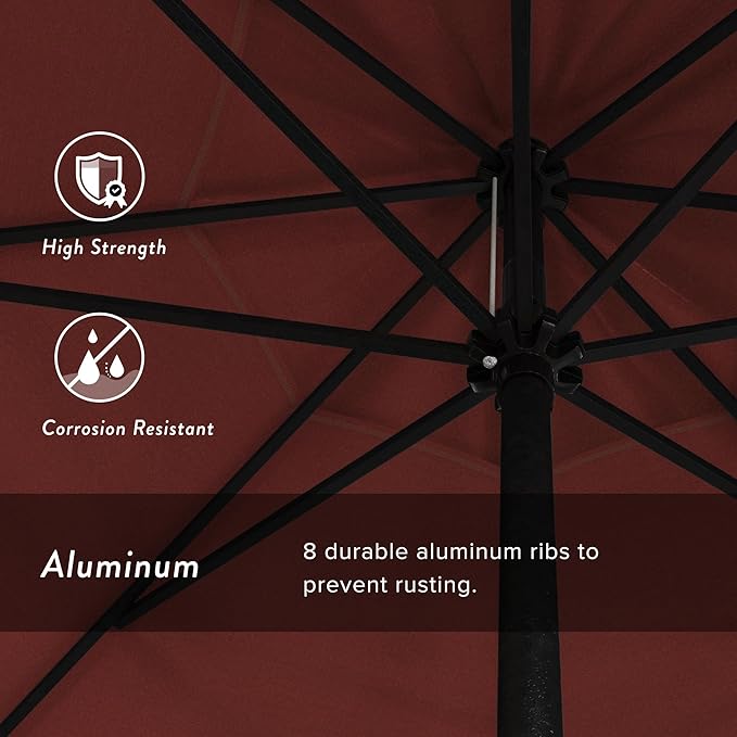 California Umbrella 9' Rd Aluminum Patio Umbrella, Crank Lift, Auto Tilt, Black Finish, Sunbrella Jockey Red