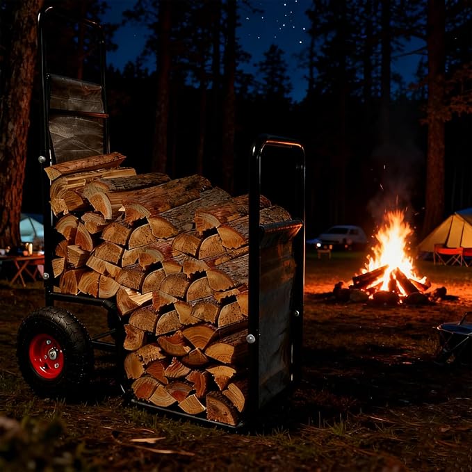 Firewood Cart: 44 X 27 X 20 in Heavy Duty 220 lbs Load Pneumatic Tires for Garden Backyard Fireplace Men Women Use
