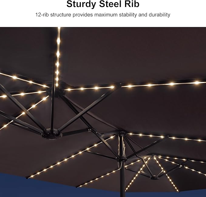 PURPLE LEAF 14ft Patio Market Umbrella with Solar LED and Base Double-Sided Rectangle Outdoor Table Sun Umbrellas with Crank for Pool Beach Deck Backyard Gray