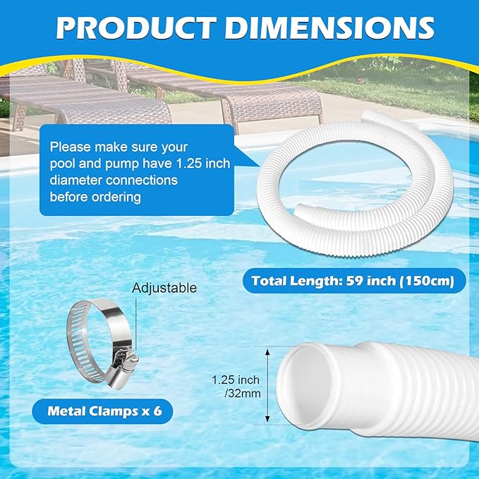 2 Pcs 1.25" Pool Hose, 59" Long Accessory Pool Pump Replacement Hoses, Compatible with All Above Ground Pool Filter Pumps that Use 1 1/4 Diameter Hoses