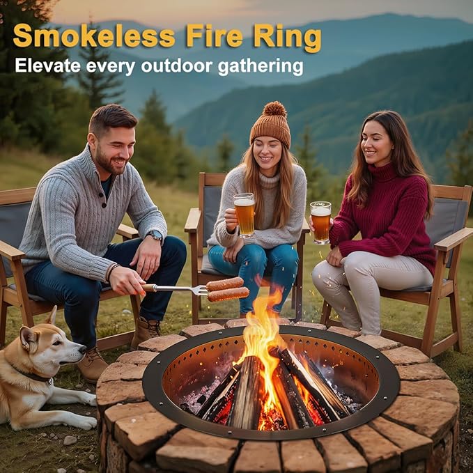 FANHAO Outdoor Fire Pit Ring, 36-Inch Outer/30-Inch Inner Fire Ring Smokeless, Wood Burning Fire Pit Ring Duty Solid Metal Steel Liner DIY Campfire Ring Above or In-Ground, Camping Patio Backyard