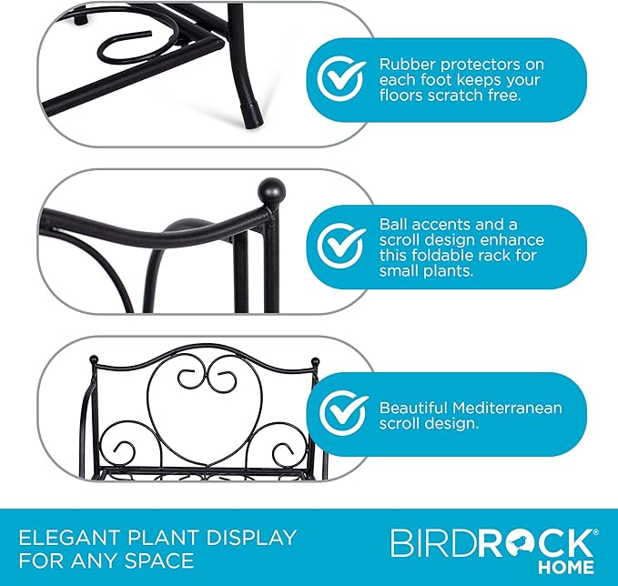 BIRDROCK HOME 2-Tier Metal Tiny Plant Stand Shelf - Decorative Mediterranean Scroll Design - Lightweight Folding - Black Metal Holder Rack - Indoor or Outdoor Use - Great for Small Spaces - Small
