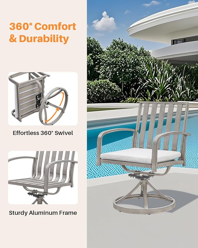 SEEHILL Aluminum Patio Dining Chairs Set of 2, 360°Swivel Outdoor Dining Chairs with Washable Cushions, Deep Seating Swivel Chairs Patio Furniture Set for Deck, Balcony, Garden, Poolside, Limed Oak