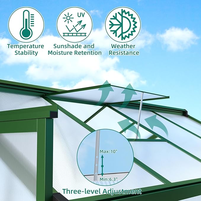 Garvee 6x10 ft Greenhouse - Aluminum Greenhouses for Outdoors, Large Polycarbonate Greenhouse with Roof Vent, Heavy Duty Walk-in Green Houses for Outside Garden, Backyard, Patio, Lawn, Easy Assembly