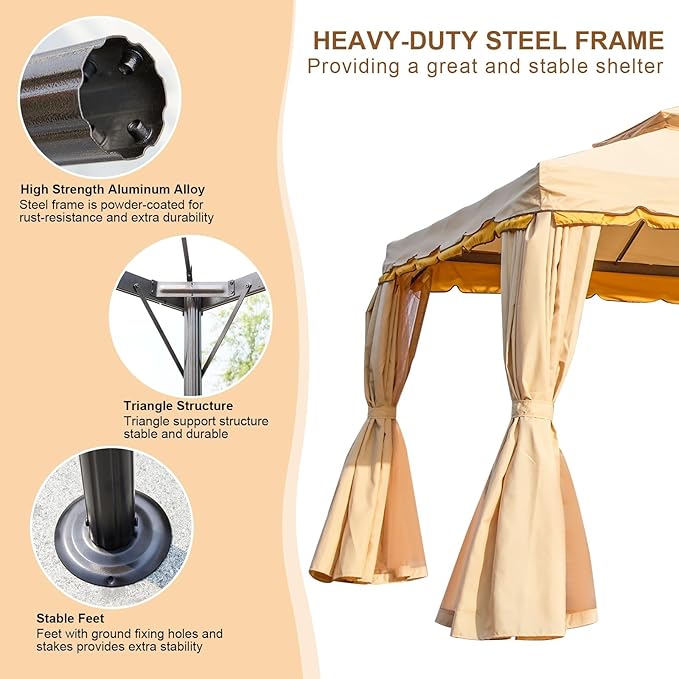MELLCOM 10x20 Kahaki Outdoor Canopy Gazebo, Double Roof Patio Pergolas Steel Frame with Netting and Shade Curtains for Garden,Patio,Party Canopy