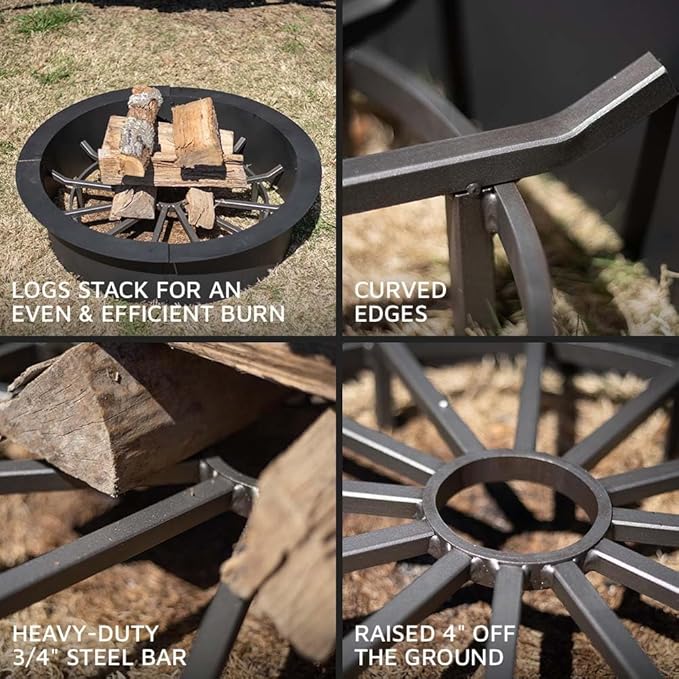 Ash & Ember 28" Wagon Wheel Fire Grate, High-Efficiency Smoke-Free Fireplace Log Grate, Decorative Wood Burning Lifted Grate Pit, Sandblasted Steel with Light Oil Coating