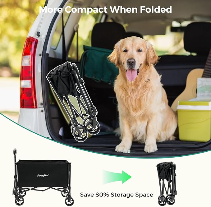 SUNNYFEEL Collapsible Wagon Cart with Wheels Foldable - 176lbs Standard Borderless Version Wagon Carts for Grocery Sports Garden Shopping Camping(Black, 164L)