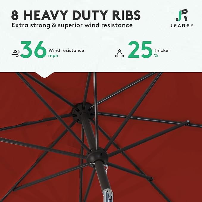 JEAREY 9FT Outdoor Patio Umbrella Outdoor Table Umbrella with Push Button Tilt and Crank, Market Umbrella 8 Sturdy Ribs UV Protection Waterproof for Garden, Deck, Backyard, Pool (Cherry Red)