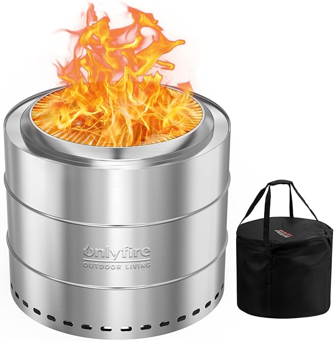 ONLYFIRE OUTDOOR LIVING Wood Burning Fire Pit with Carrying Bag, 19.5” Portable Firepit for Camping Tailgating Patio Backyard Bonfire, Smokeless Fireplace, Stainless Steel FP048