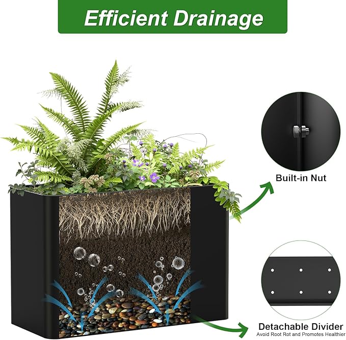 Metal Tall Rectangular Planter Box 36" L x 15" W x 24" H,Large Tall Black Planters for Outdoor Plants with Removable Insert Shelf for Porch, Garden, Patio, Yard