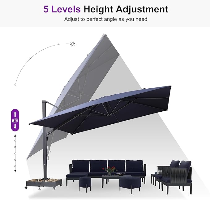 PURPLE LEAF 11' X 15' Rectangle Patio Umbrella Large Cantilever Outdoor Aluminum Offset Umbrella with 360-degree Rotation for Garden Deck Backyard Pool Navy Blue