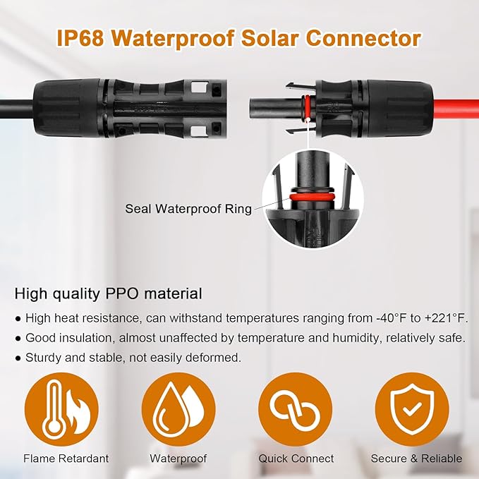 8AWG Solar Cable - 15FT Solar Panel Extension Cord 8 Gauge PV Wire with Flame Retardant Protective Sleeving Female & Male Waterproof Connector for RV, Photovoltaic Systems, Solar Panels (15 Feet)