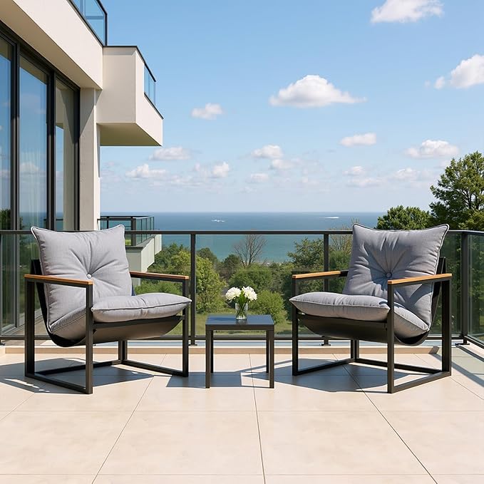 Patio Furniture Set, Outdoor Couch with Glass Coffee Table&Thick Cushion, Wicker Chaise Longue Sofa Set, All-Weather PE Rattan Conversation Set for Garden, Deck, Poolside(3pcs Gray)